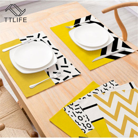 TTLIFE Yellow Geometric Striped Kitchen Placemat Polyester Dining Table Mat Cup Coaster Restaurant Decoration Tableware Napkins