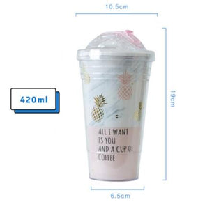 Creative Coffee Mugs Free Plastic Water Bottle Pink Pineapple Pattern Straw Travel Portable Tea Milk Cup Drinkware 420ML CL11151