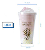 Creative Coffee Mugs Free Plastic Water Bottle Pink Pineapple Pattern Straw Travel Portable Tea Milk Cup Drinkware 420ML CL11151